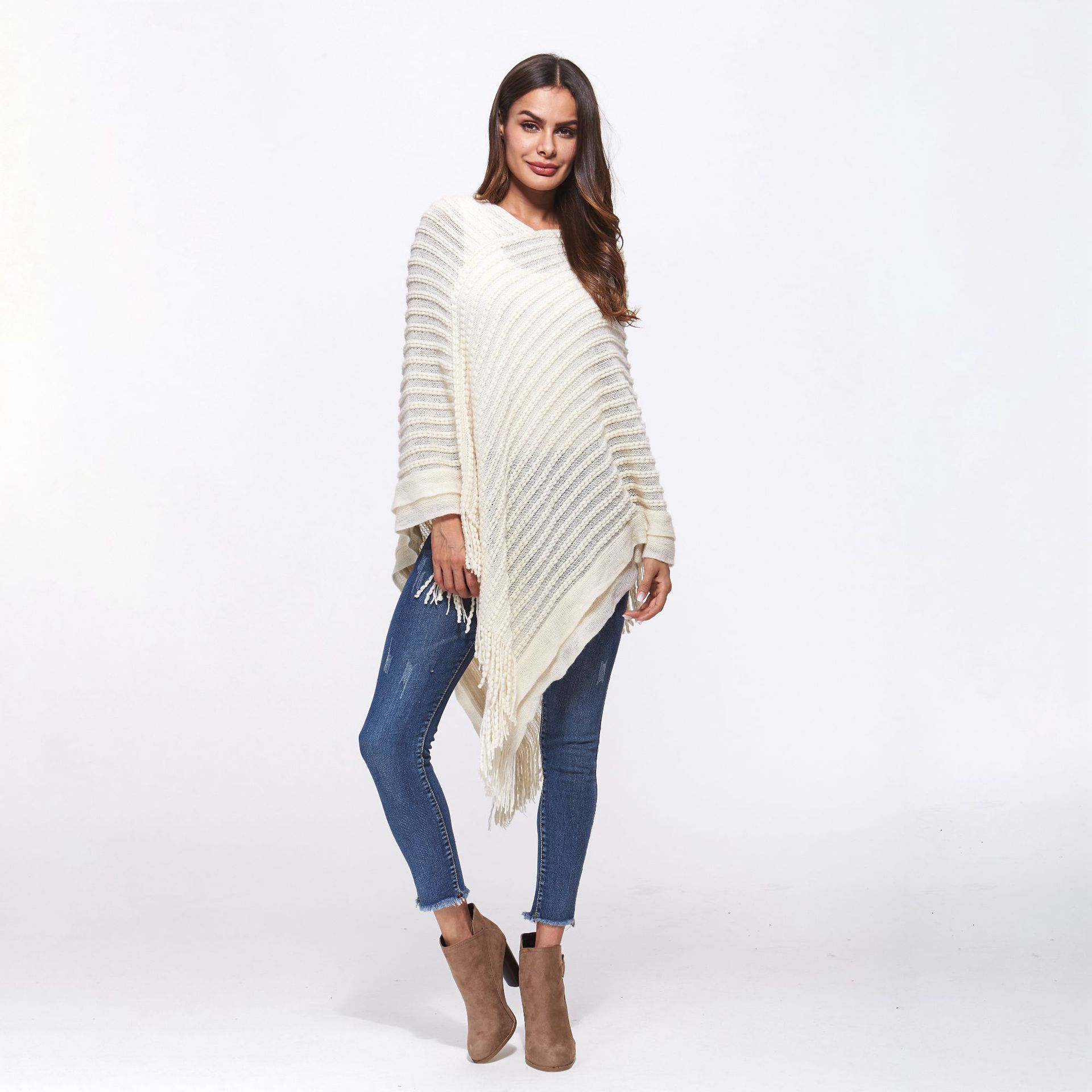 SZ60183-1 Loose Style Tassels Knit Irregular Cloak Sweater